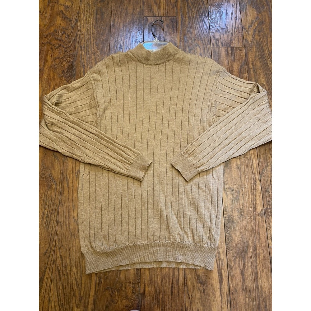 VTG Bullock Jones 100% Virgin Wool Men Large Tan Ribbed Mock Neck Italy Lux